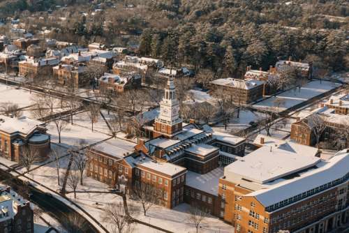 Aerial image of the Dartmouth Green in Winter with snow on the ground